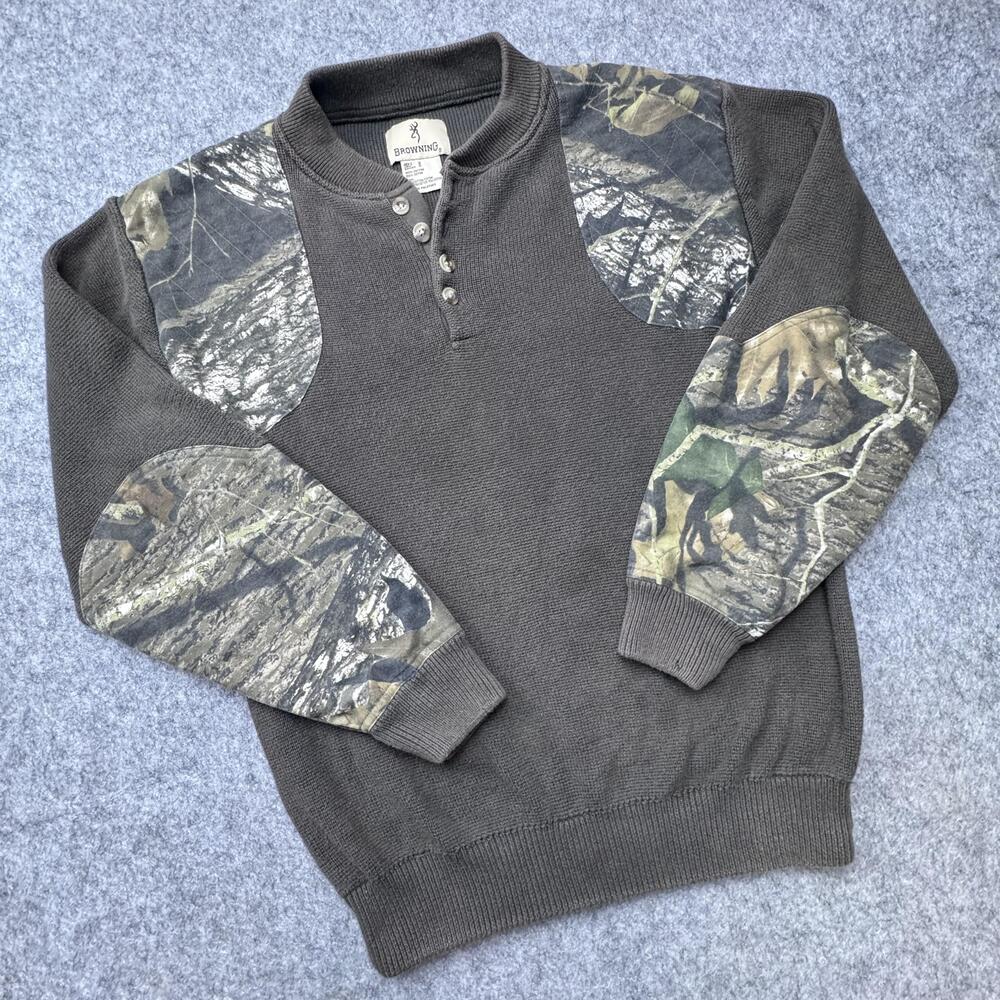 Browning Sweater Mens Medium Brown Camo Patch Henley Thermal Pullover Knit